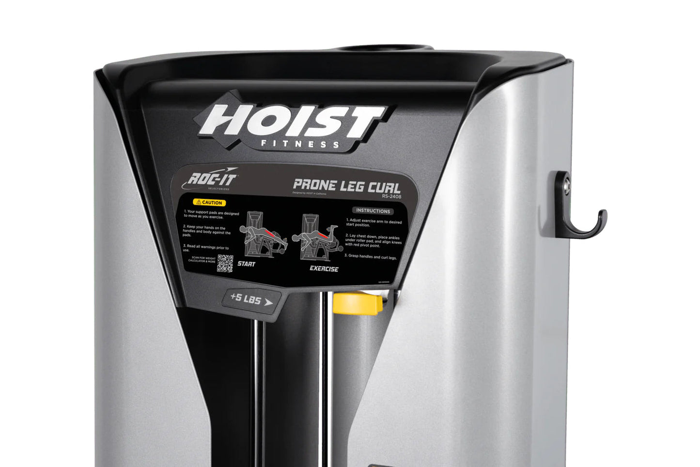 Hoist ROC-IT Prone Leg Curl Machine with silver and black frame, black padded seat, instruction panel, and yellow weight adju