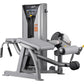 Hoist ROC-IT Prone Leg Curl Machine with silver frame, black padded seat and leg extension arm with weight stack on white bac