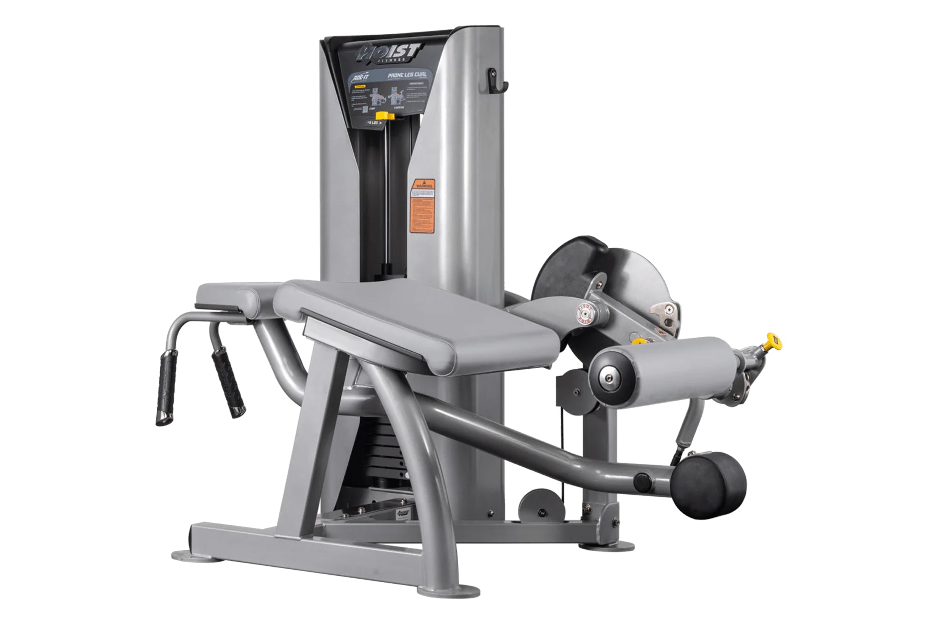 Hoist ROC-IT Prone Leg Curl Machine with silver frame, black padded seat and leg extension arm with weight stack on white bac