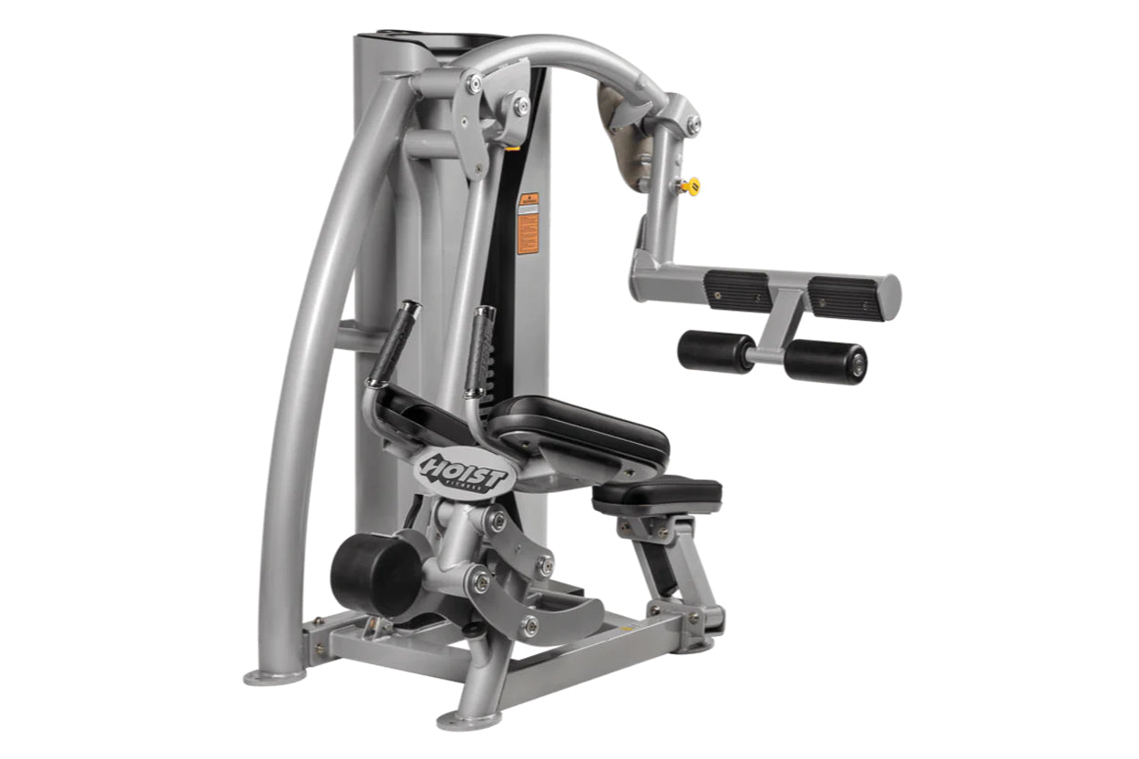 Hoist ROC-IT Glute Master Machine with silver frame, black foot platform, and adjustable arm levers on white background