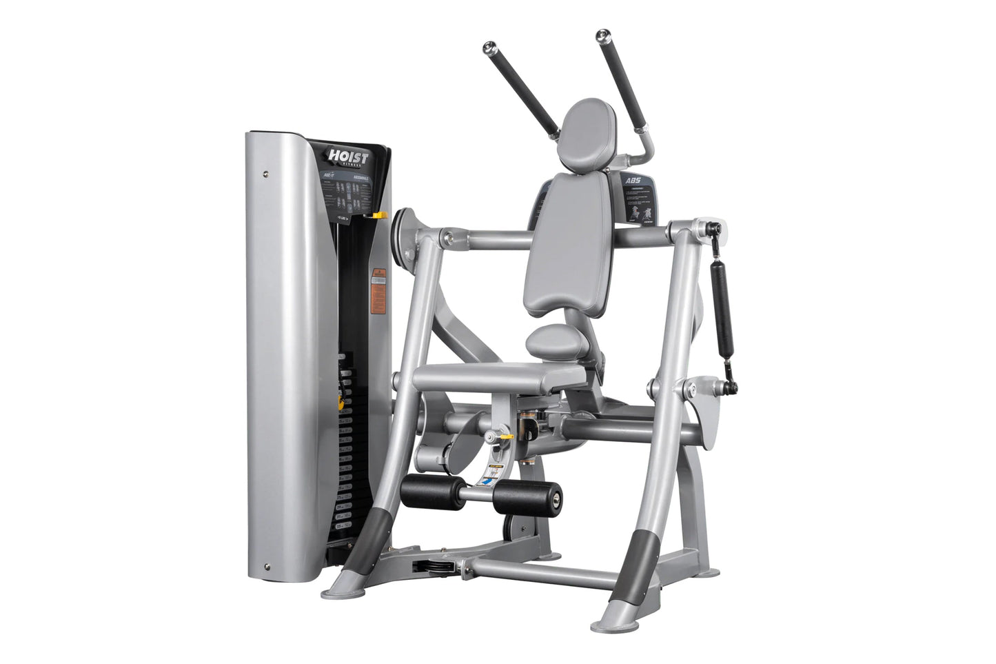 Hoist ROC-IT Abdominals Machine with silver frame, gray padded seat and backrest, dual black handles, and control panel on wh