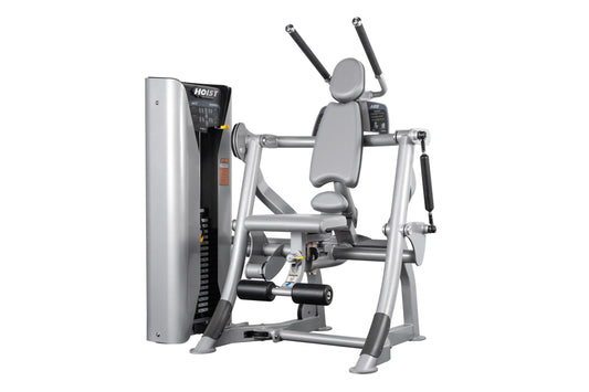 Hoist ROC-IT Abdominals Machine with silver frame, gray padded seat and backrest, dual black handles, and control panel on wh