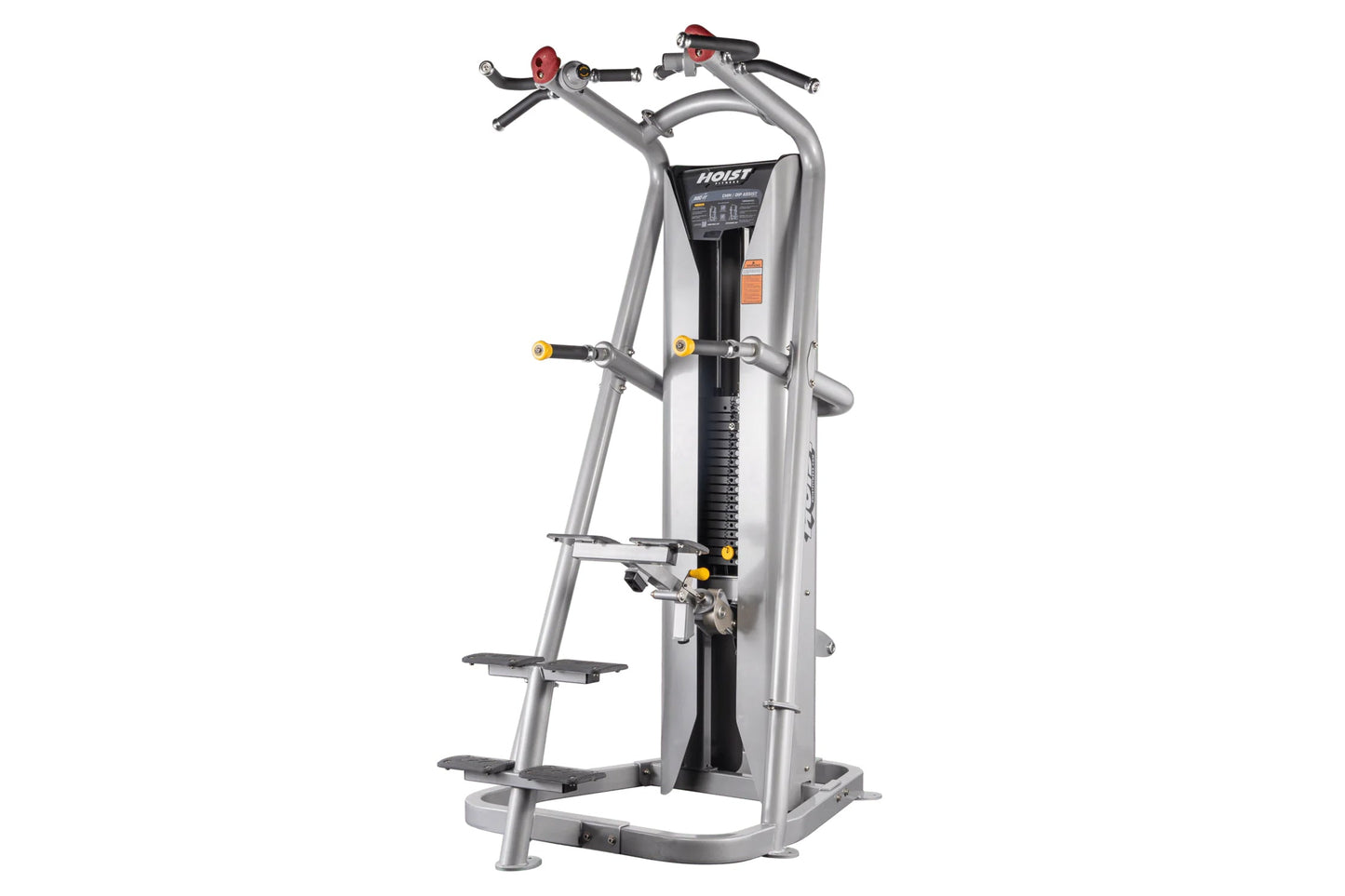 Hoist ROC-IT Chin/Dip Assist Machine with silver frame, black seat, red handles, and yellow grip accents on white background