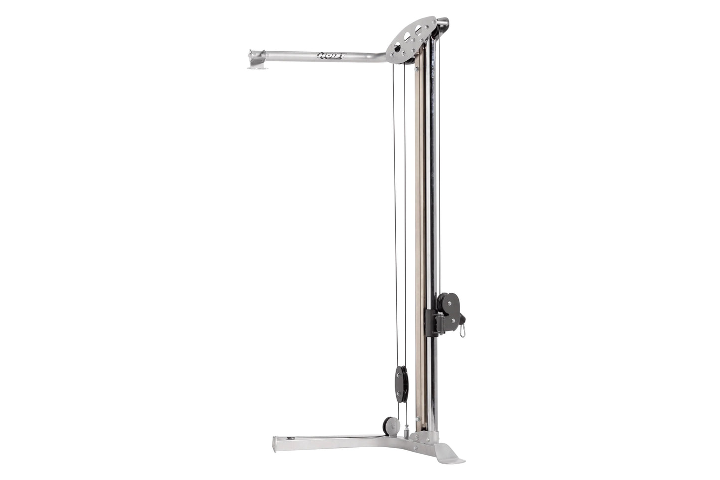 Silver and black cable column machine with adjustable pulley system, perforated head plate, and floor base on white backgroun