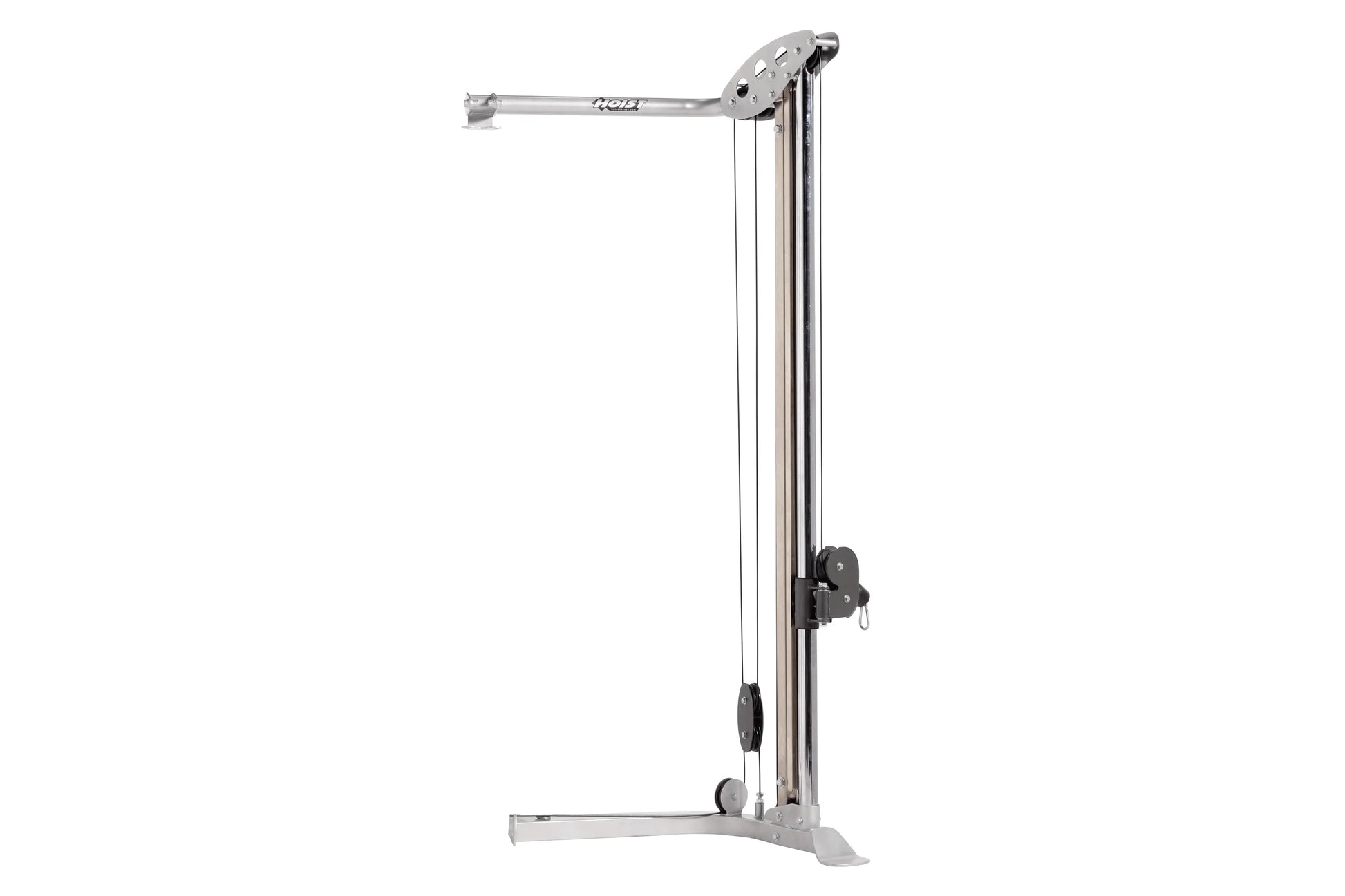 Silver and black cable column machine with adjustable pulley system, perforated head plate, and floor base on white backgroun