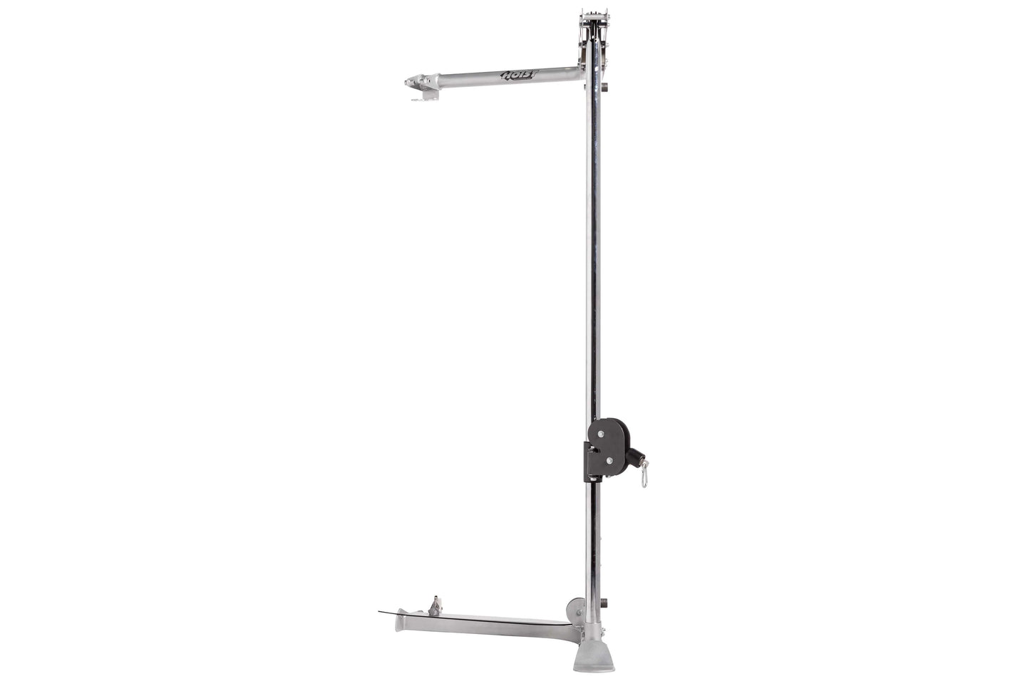 Silver and black cable column machine with adjustable height bracket, horizontal arm, and foot platform on white background