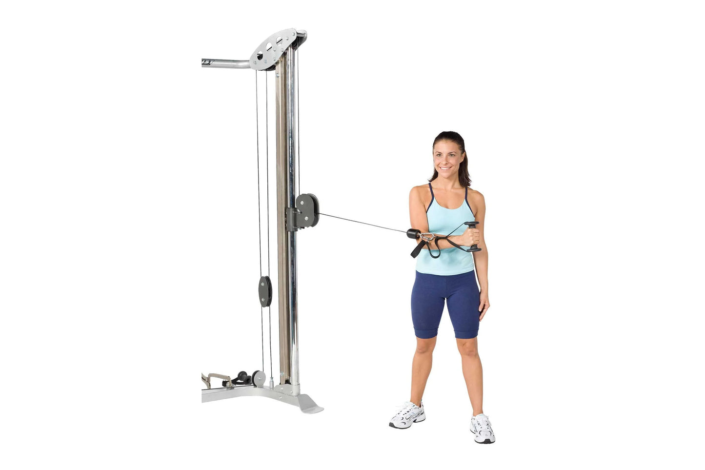 Hoist V series cable exercise machine with woman in blue shorts and light blue tank top demonstrating lat pulldown movement o
