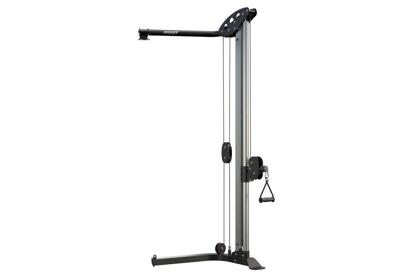 Hoist V Series Hi-Lo cable column with black metal frame, pulley system, and triangular handle attachment on white background