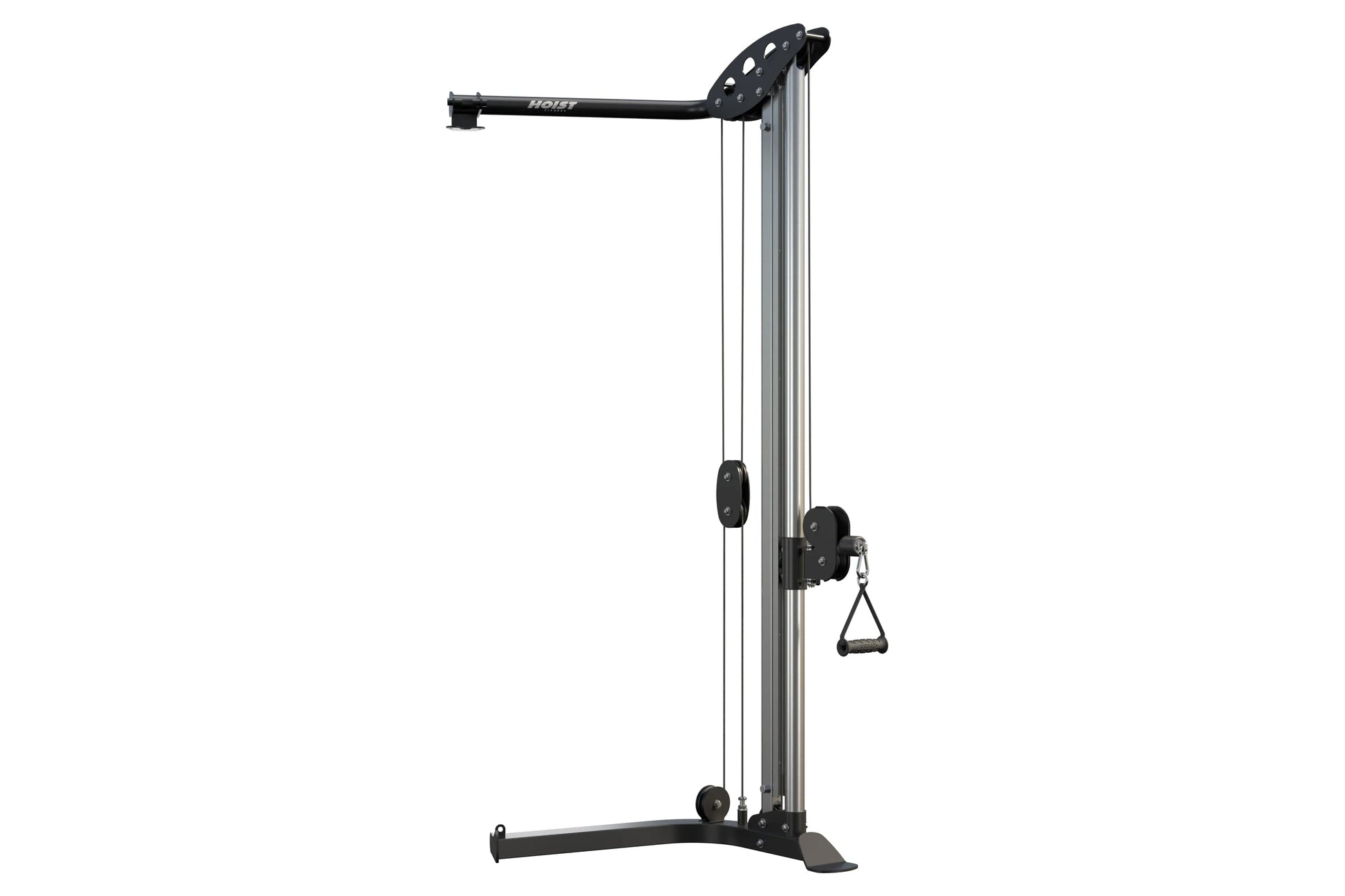 Hoist V Series Hi-Lo cable column with black metal frame, pulley system, and triangular handle attachment on white background
