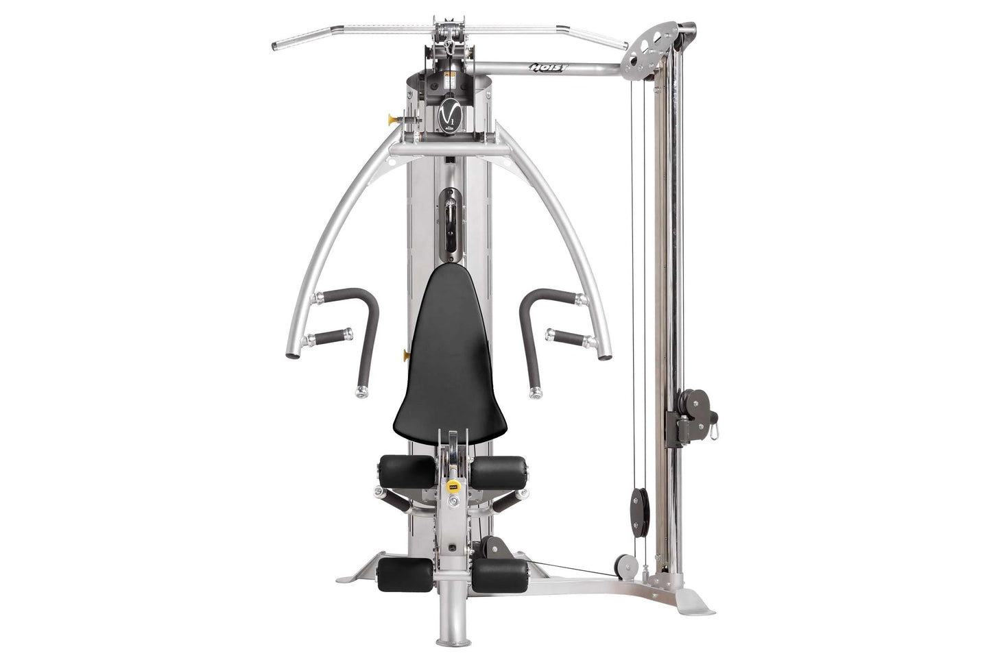 Hoist V1-Elite home gym with silver frame, black seat and handles, front-facing view on white background