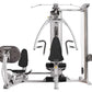 Hoist V1-Elite home gym with silvered metal frame, black padded seat and backrest, dual exercise stations, and weight stack o