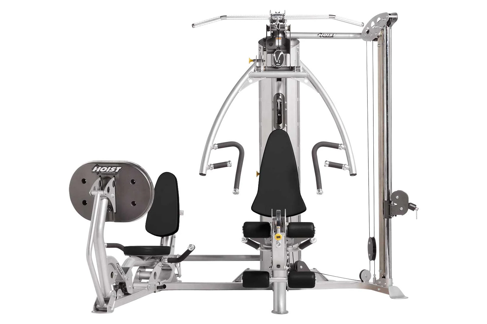 Hoist V1-Elite home gym with silvered metal frame, black padded seat and backrest, dual exercise stations, and weight stack o