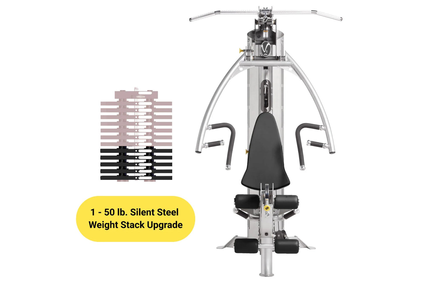 Hoist V1-Elite home gym with silver frame, black seat and handles, shown with 1-50 lb silent steel weight stack upgrade chart