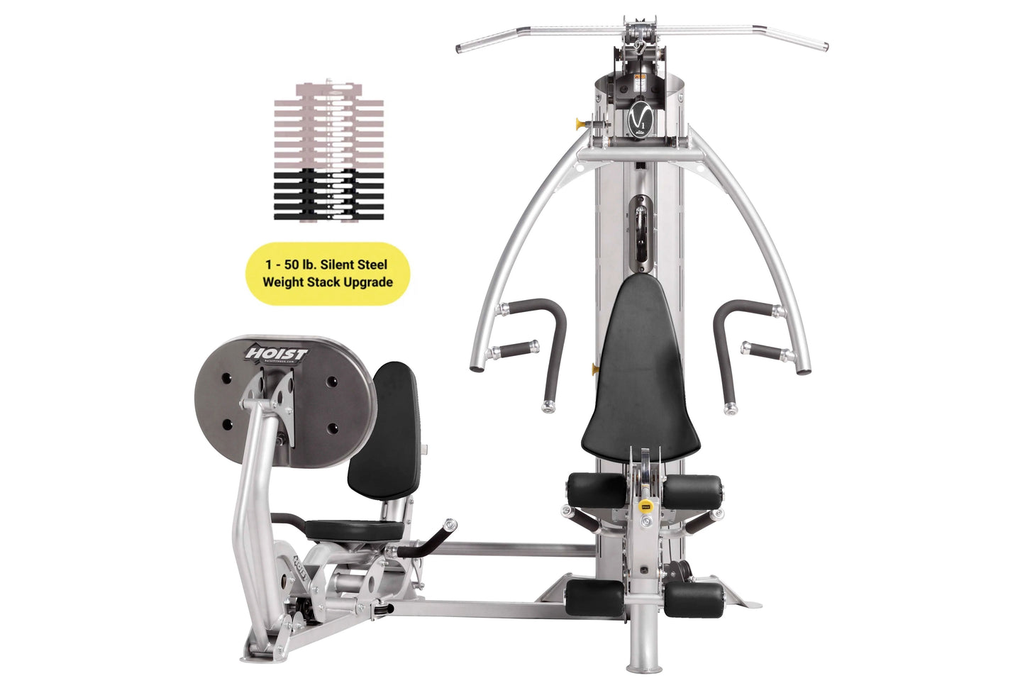 Hoist V1-Elite home gym with silver frame, black padded seats and handles, featuring dual workout stations and 1-50 lb silent