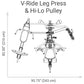 V-Ride Leg Press and Hi-Lo Pulley home gym equipment diagram with dimensions shown in black line drawing on white background