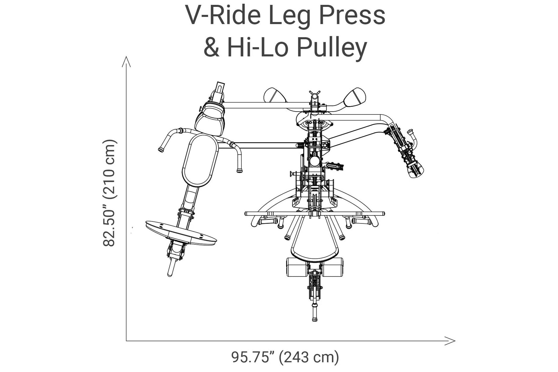 V-Ride Leg Press and Hi-Lo Pulley home gym equipment diagram with dimensions shown in black line drawing on white background