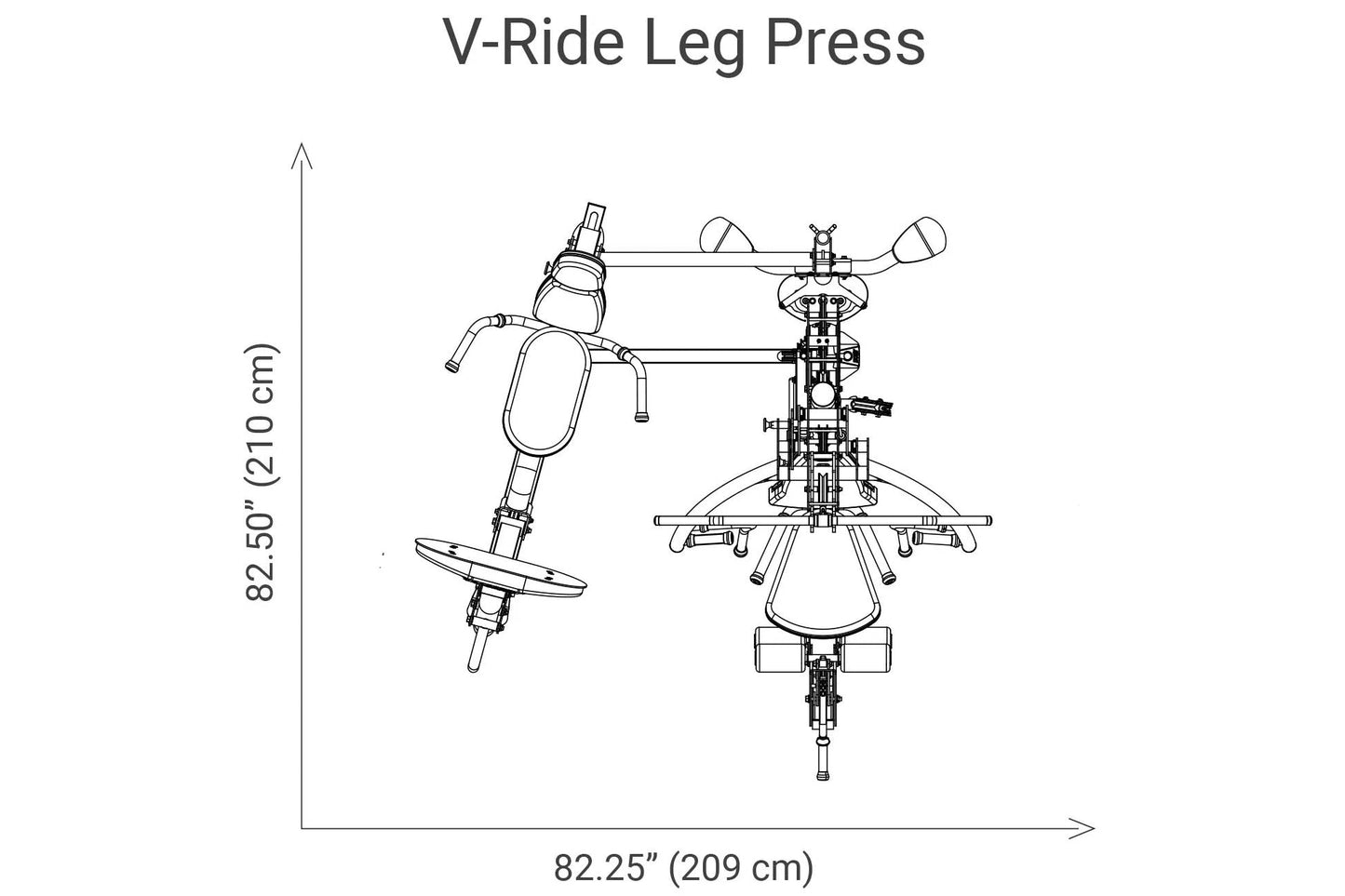 V-Ride Leg Press machine schematic showing seated leg press position with dimensions 82.25" width by 82.50" height, line draw