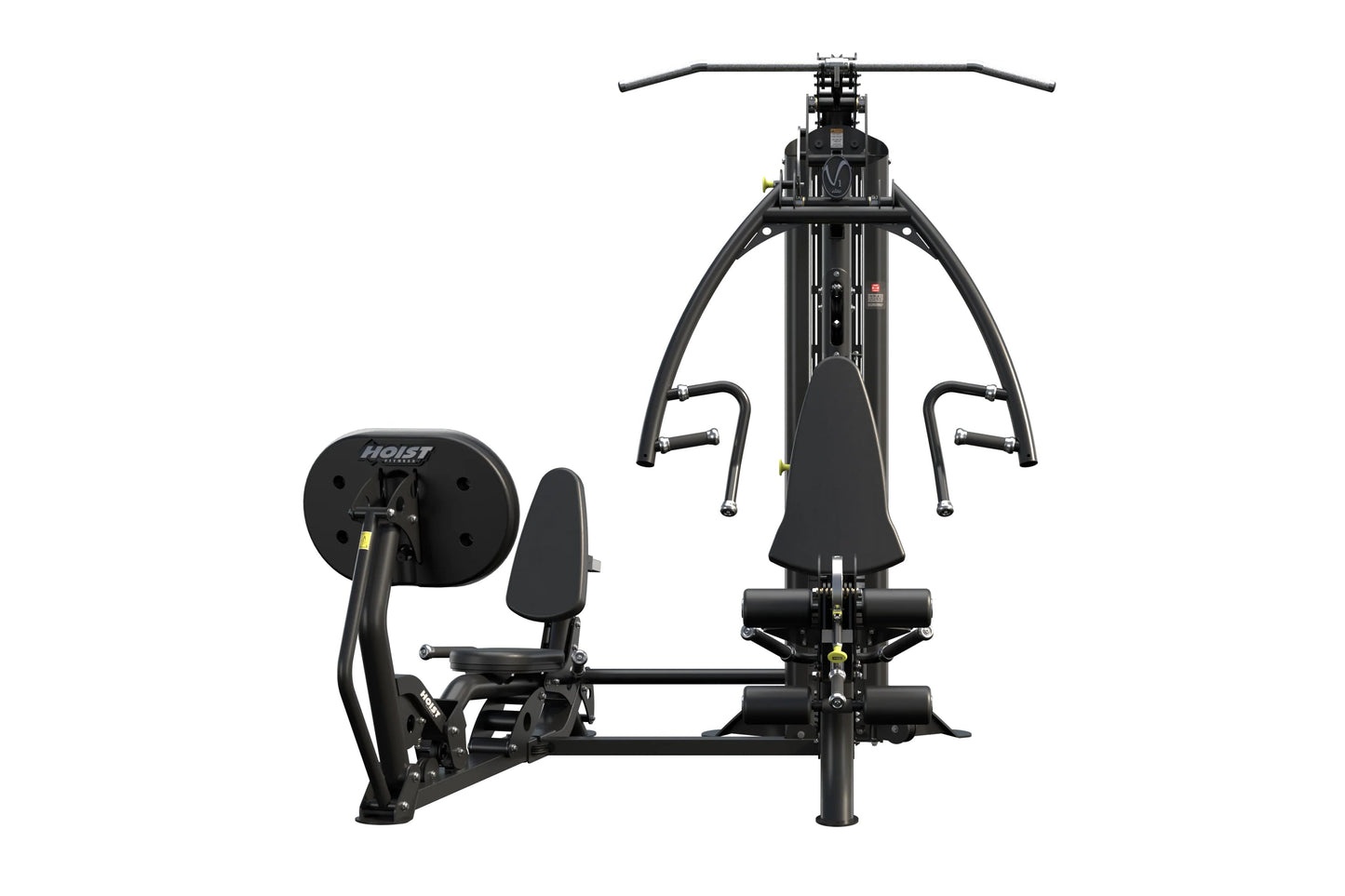 Black Hoist V1-Elite home gym with dual weight stacks, leg press station on left, chest press station on right, and overhead 