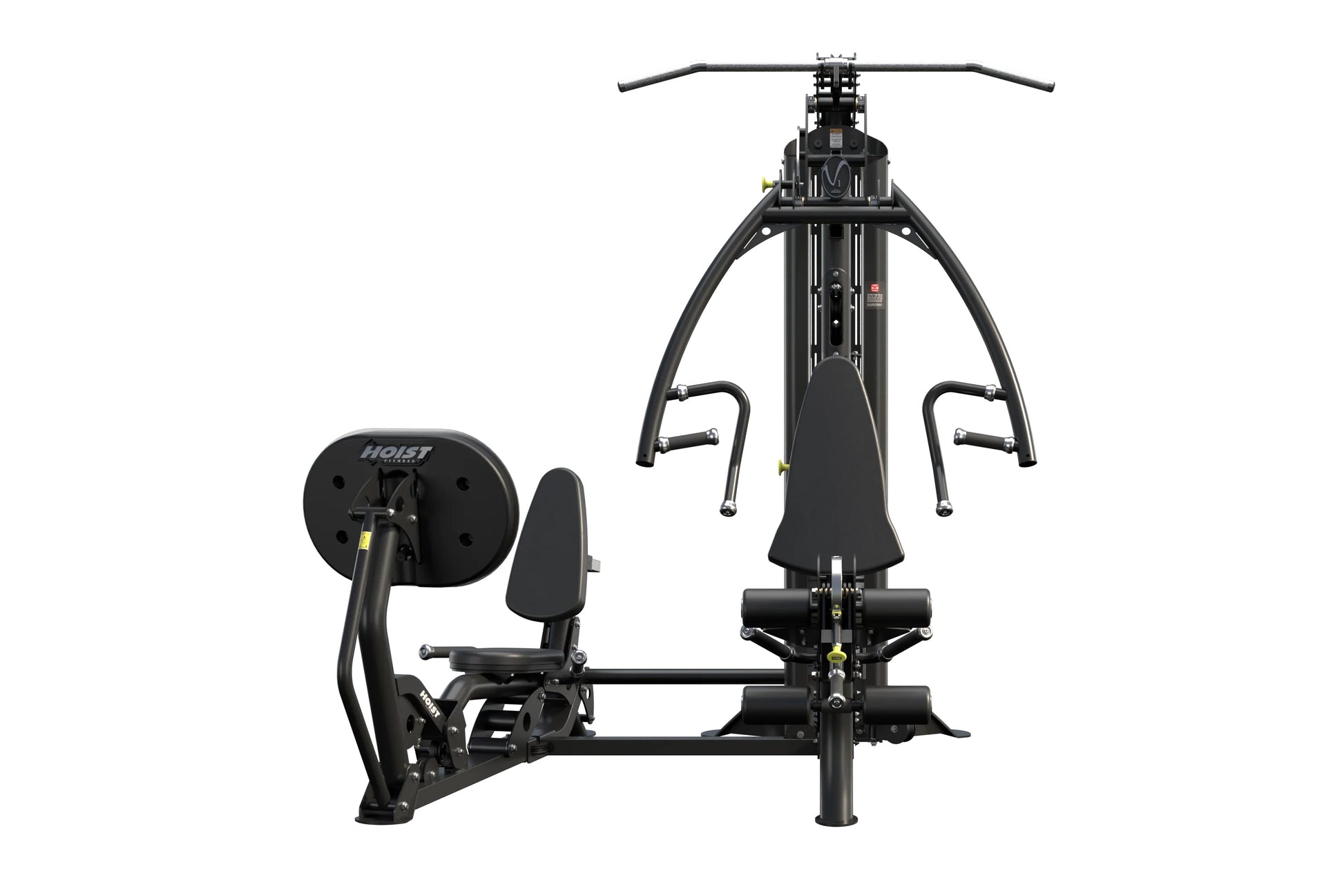 Black Hoist V1-Elite home gym with dual weight stacks, leg press station on left, chest press station on right, and overhead 