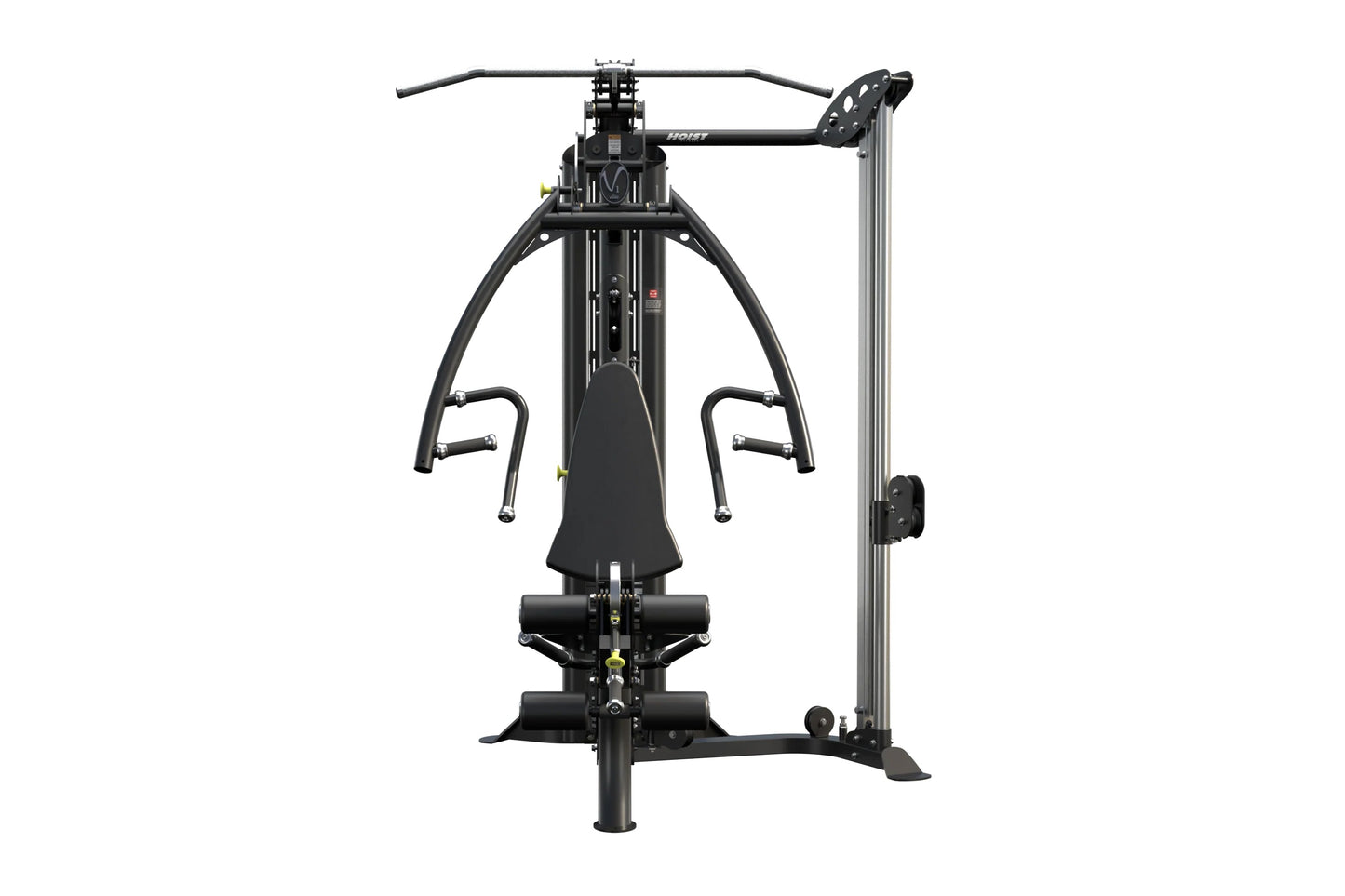 Hoist V1-Elite black multi-station home gym with dual cable towers, chest press arms, and adjustable seat on white background