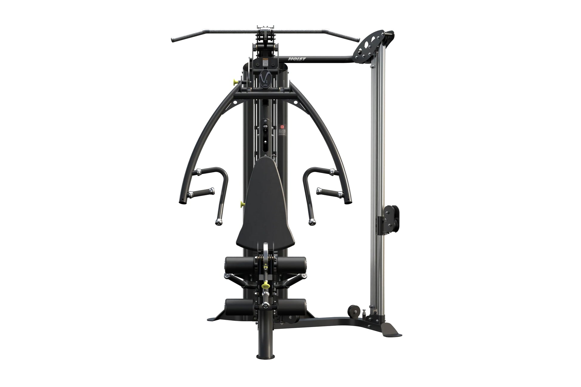 Hoist V1-Elite black multi-station home gym with dual cable towers, chest press arms, and adjustable seat on white background