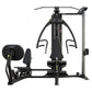 Black Hoist V1-Elite home gym with dual weight plate pegs, adjustable seat, overhead pull-down bar, leg press station, and ca