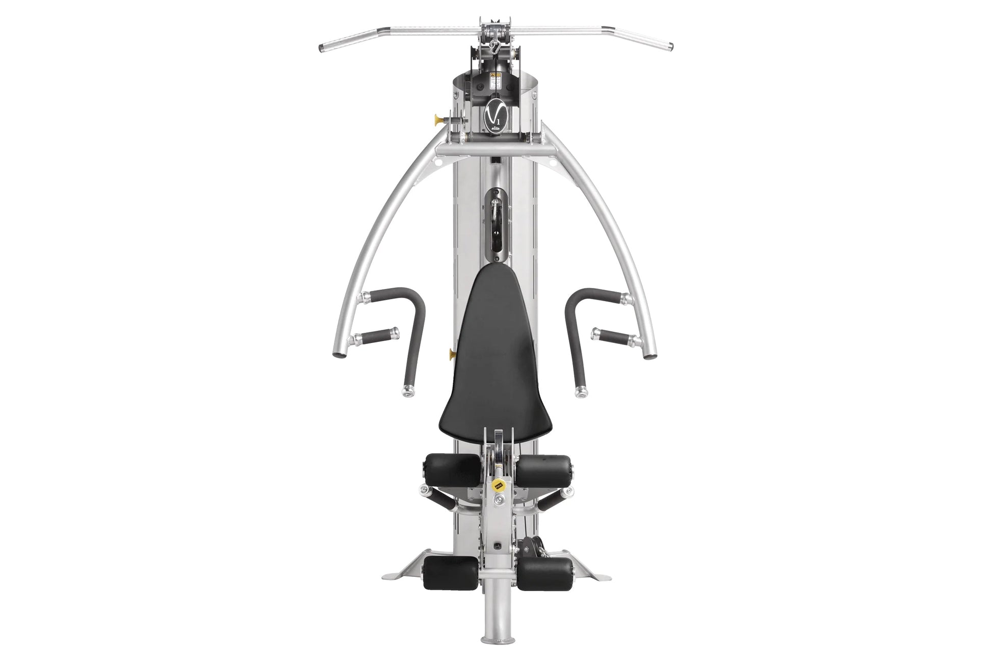 Hoist V1-Elite home gym with silver metal frame, black padded seat and handles, dual weight stack arms, viewed from front on 
