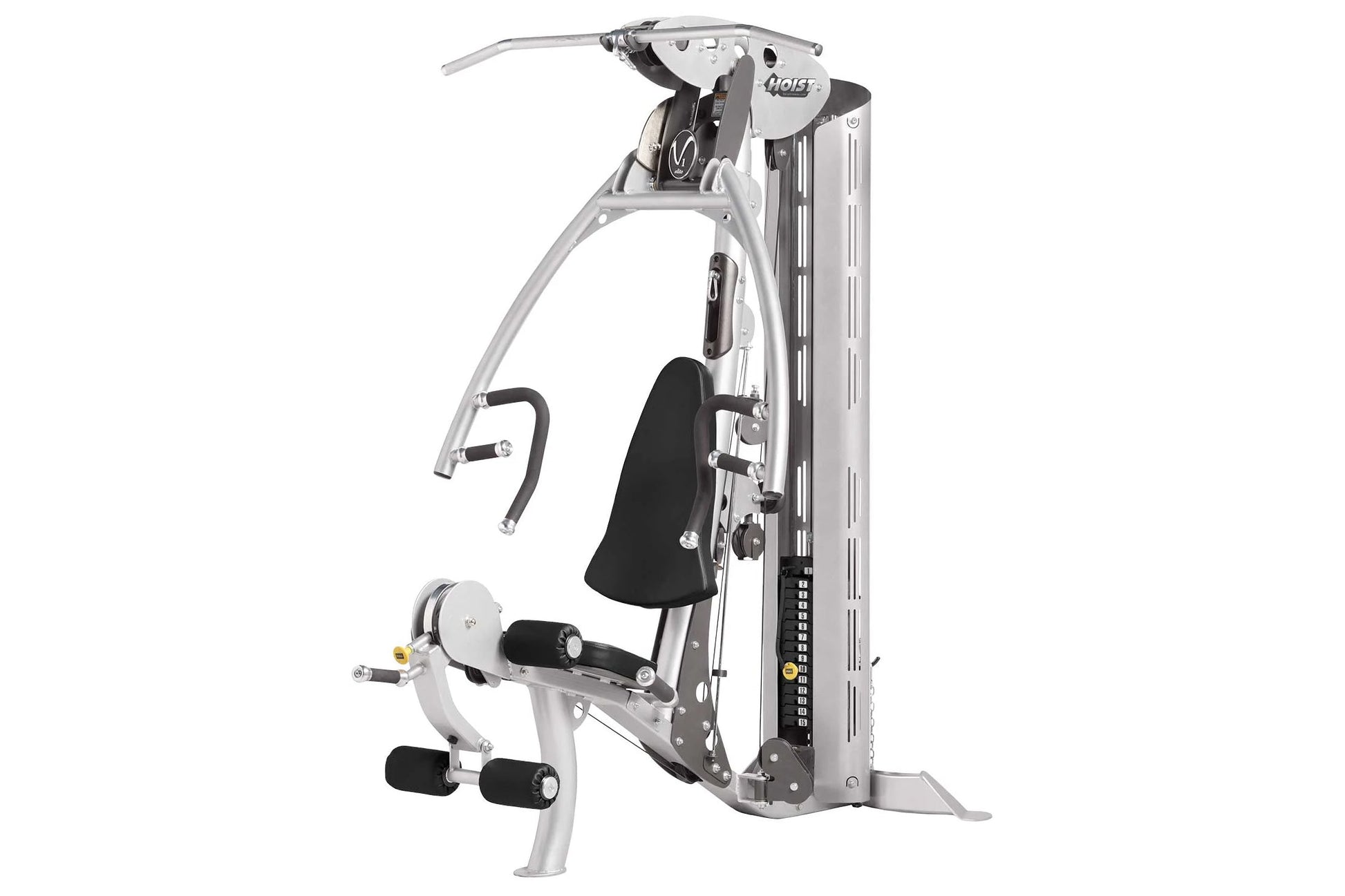 Hoist V1-Elite home gym machine with white frame, black seat and handles, featuring cable system and leg extension attachment