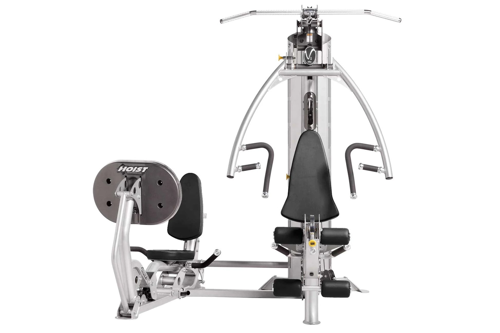 Hoist V1-Elite Home Gym with silver frame, black seat and handles, dual weight stacks, front and side view on white backgroun