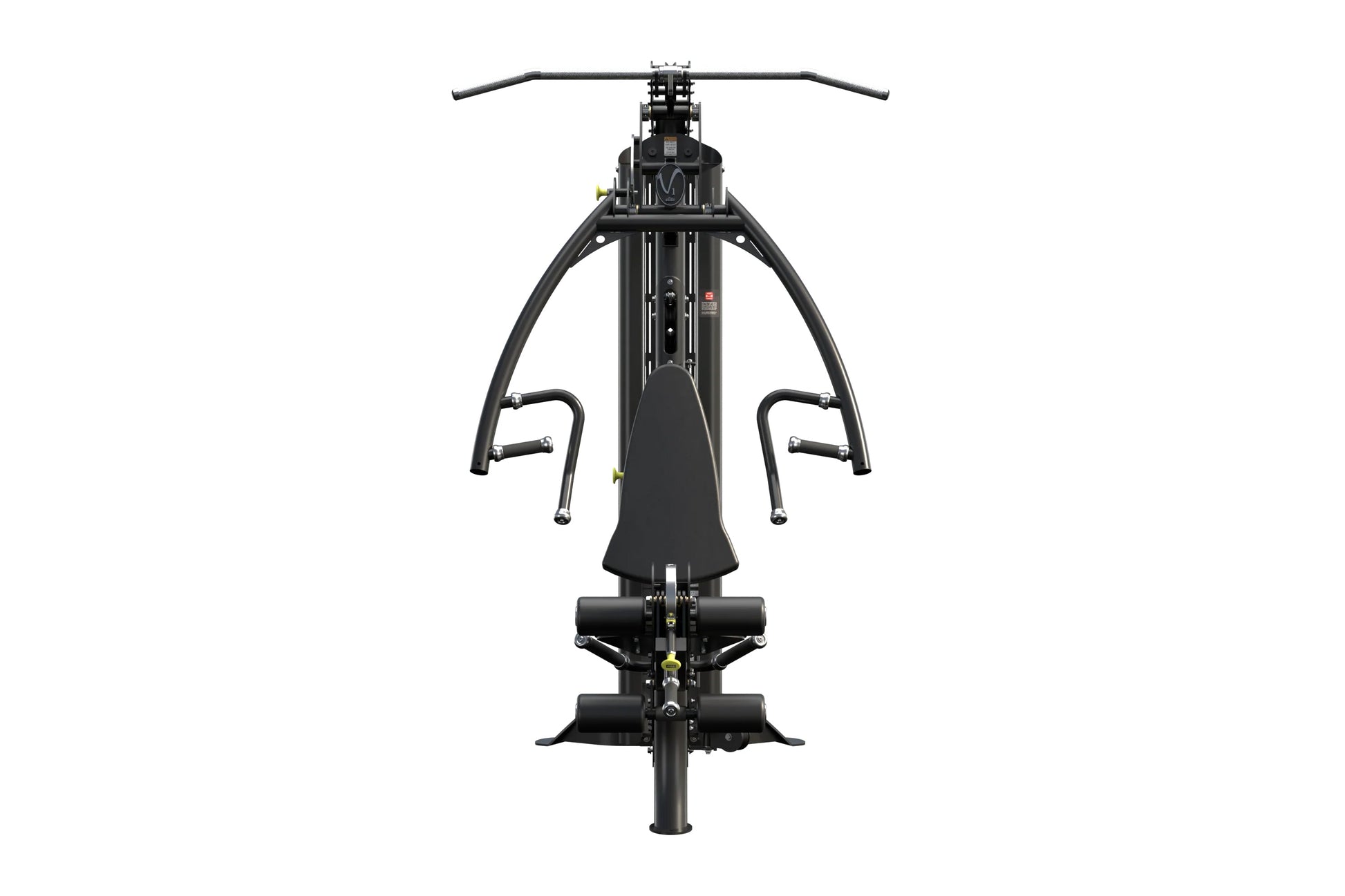 Black Hoist V1-Elite home gym machine with curved frame, padded seat, dual handles, and foot platform on white background