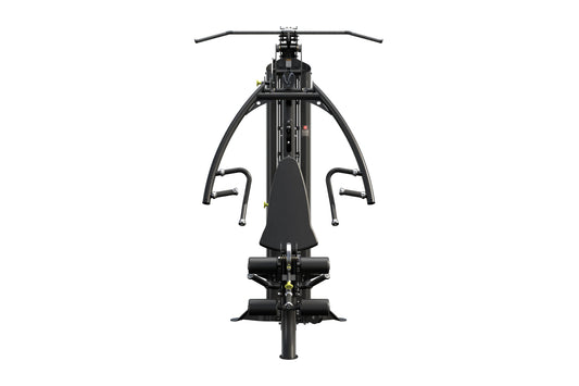 Black Hoist V1-Elite home gym machine with curved frame, padded seat, dual handles, and foot platform on white background