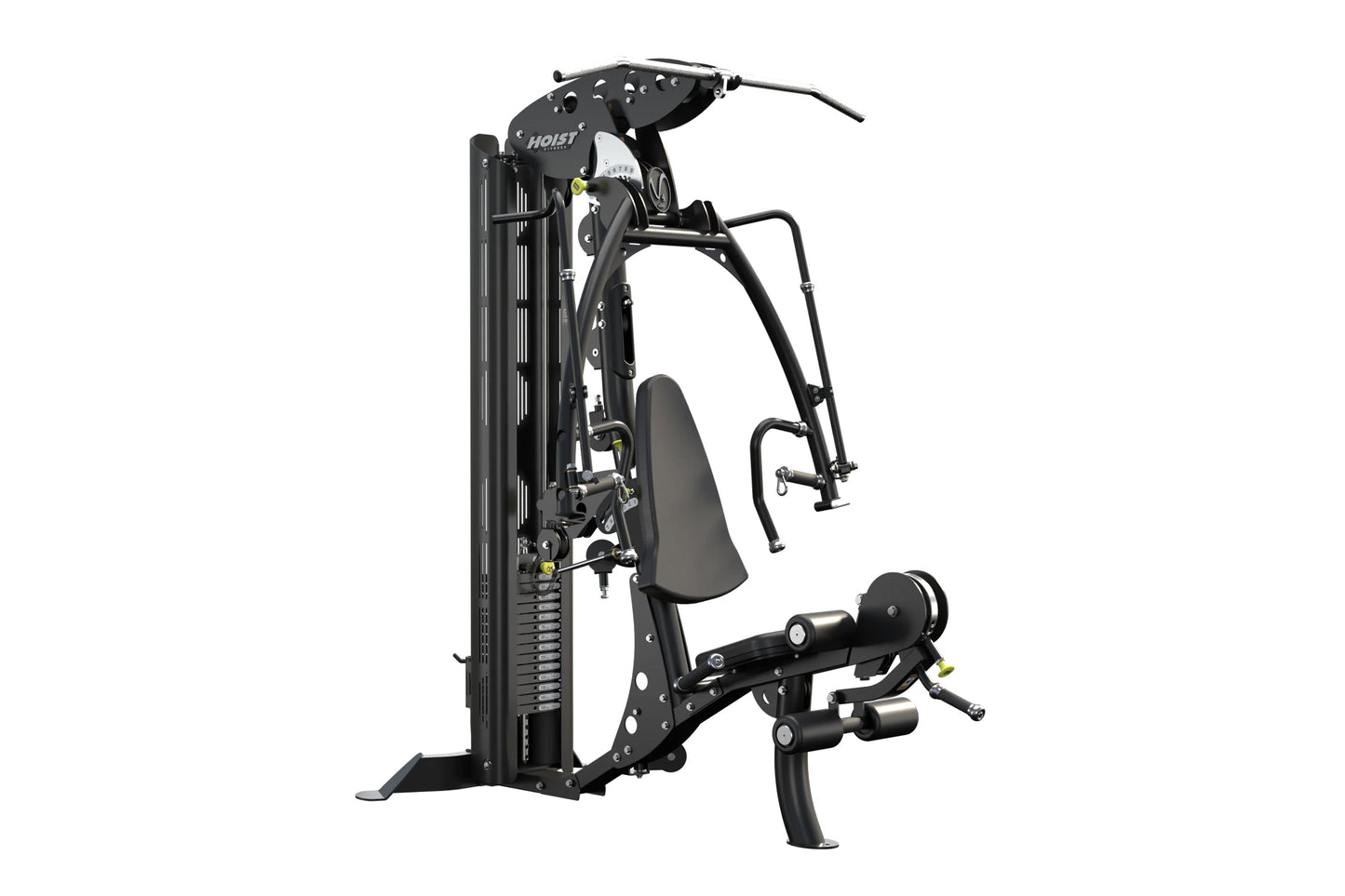 Hoist V4-Elite black home gym machine with leg press, chest press, and pull-down stations on white background
