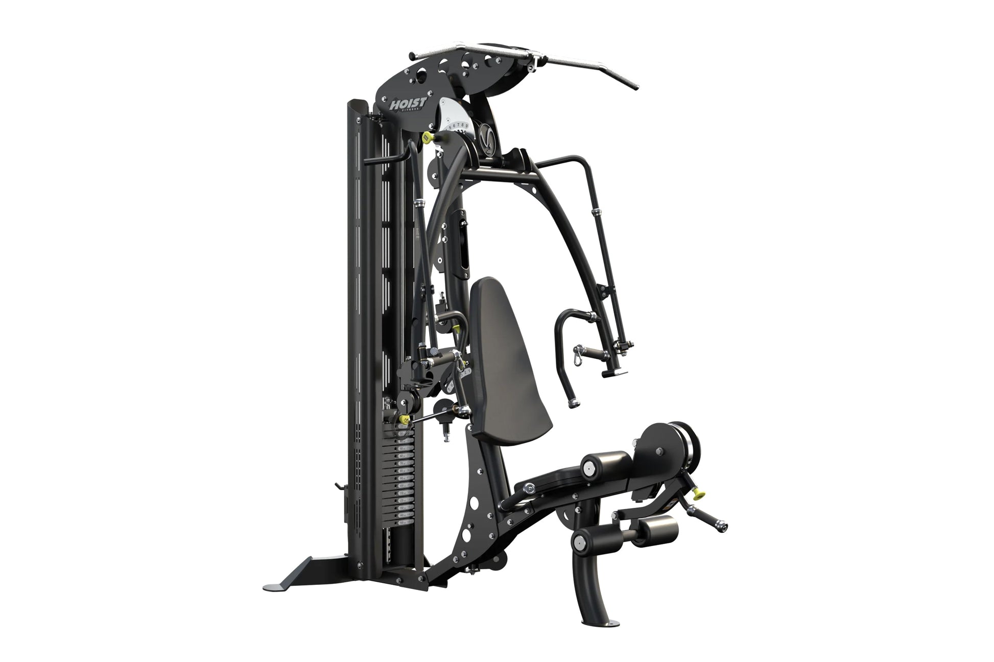 Hoist V4-Elite black home gym machine with leg press, chest press, and pull-down stations on white background
