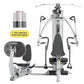 Hoist V4-Elite home gym with silver frame, black seat and handles, dual workout stations, and weight stack upgrade chart on w