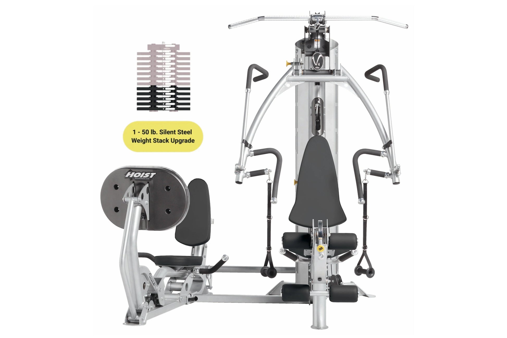 Hoist V4-Elite home gym with silver frame, black seat and handles, dual workout stations, and weight stack upgrade chart on w
