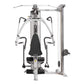 Hoist V4-Elite home gym with silver metal frame, black seat and handles, dual cable arms, and weight stack on white backgroun