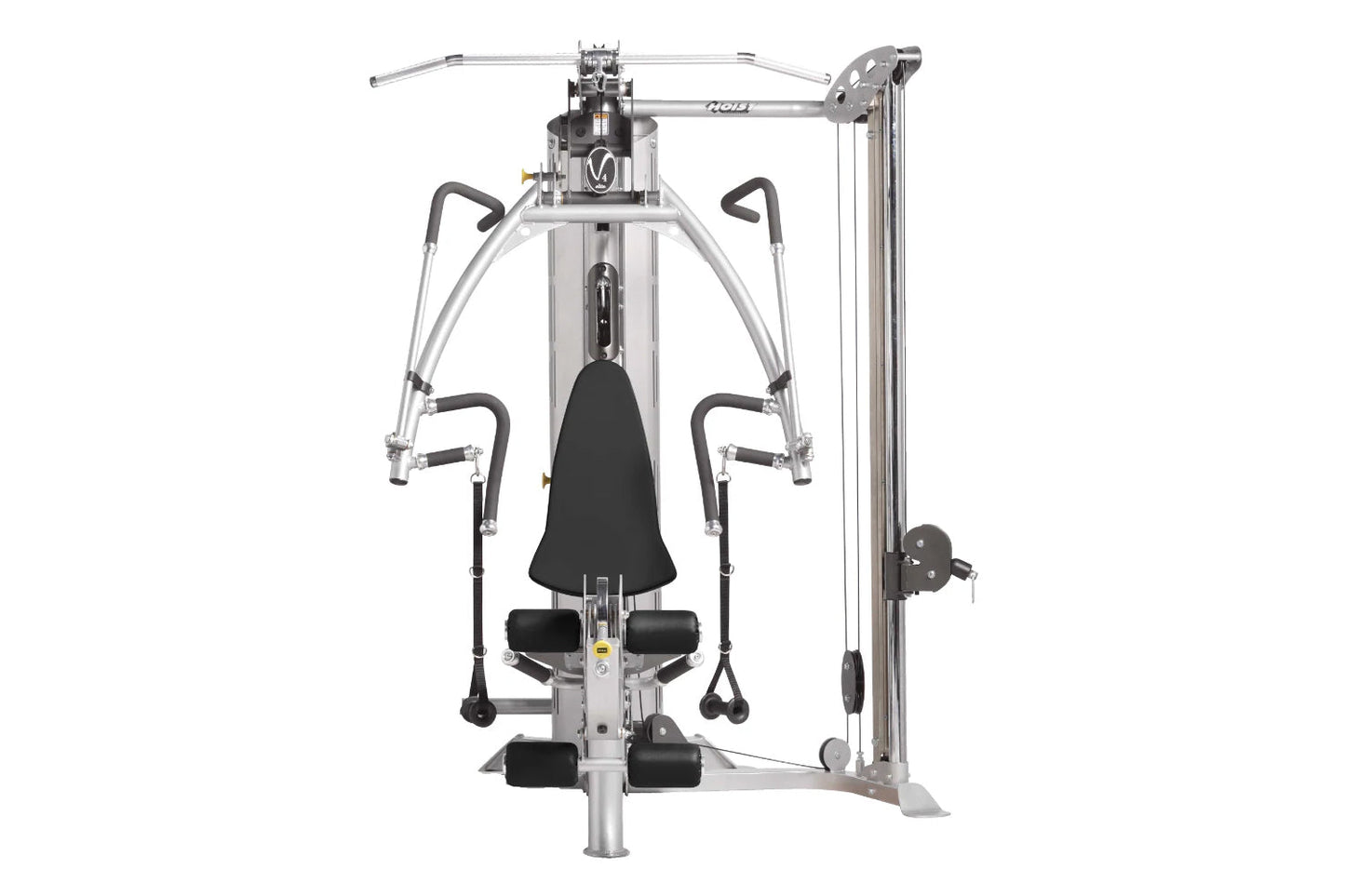 Hoist V4-Elite home gym with silver metal frame, black seat and handles, dual cable arms, and weight stack on white backgroun