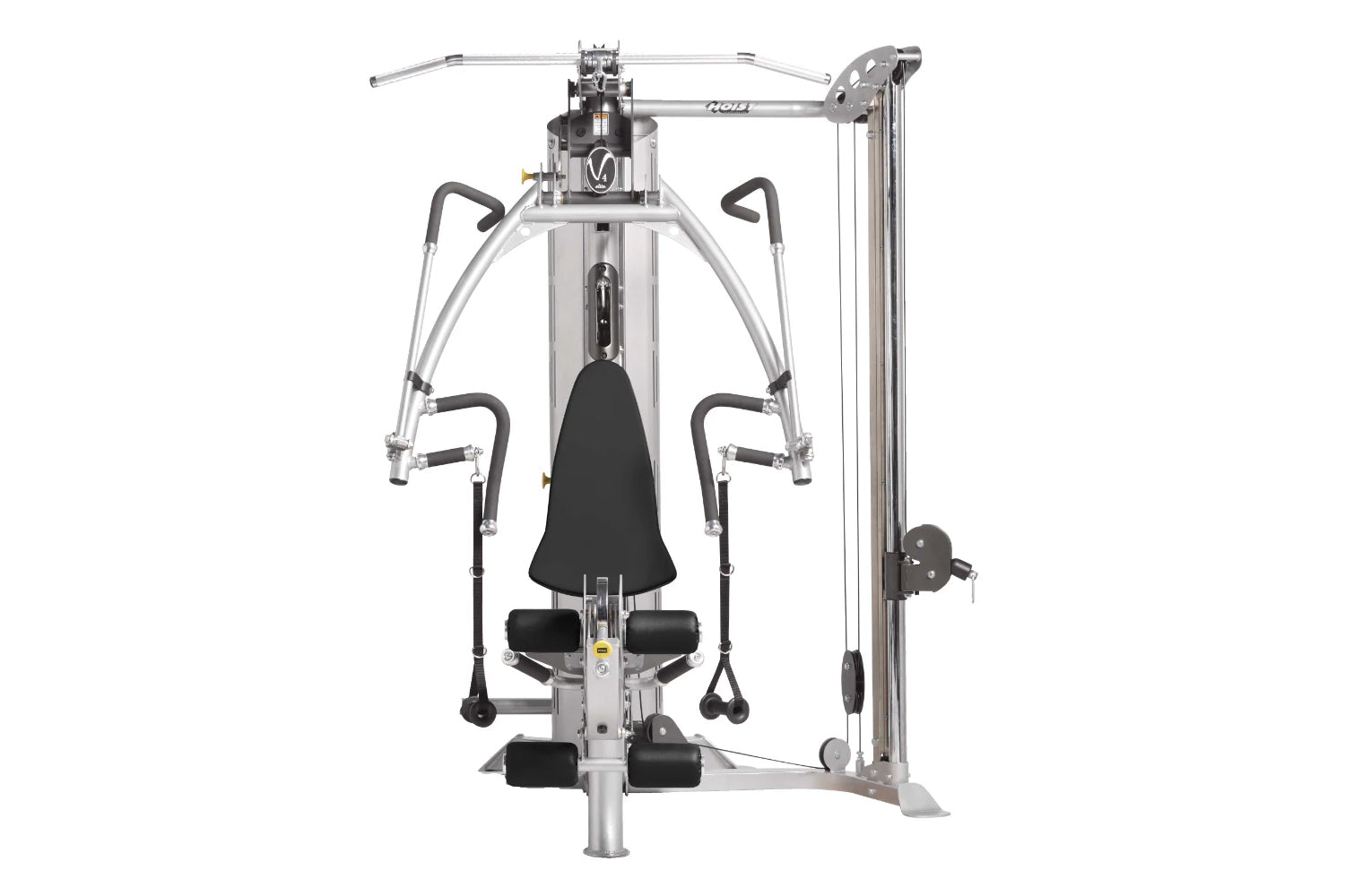 Hoist V4-Elite home gym with silver metal frame, black seat and handles, dual cable arms, and weight stack on white backgroun