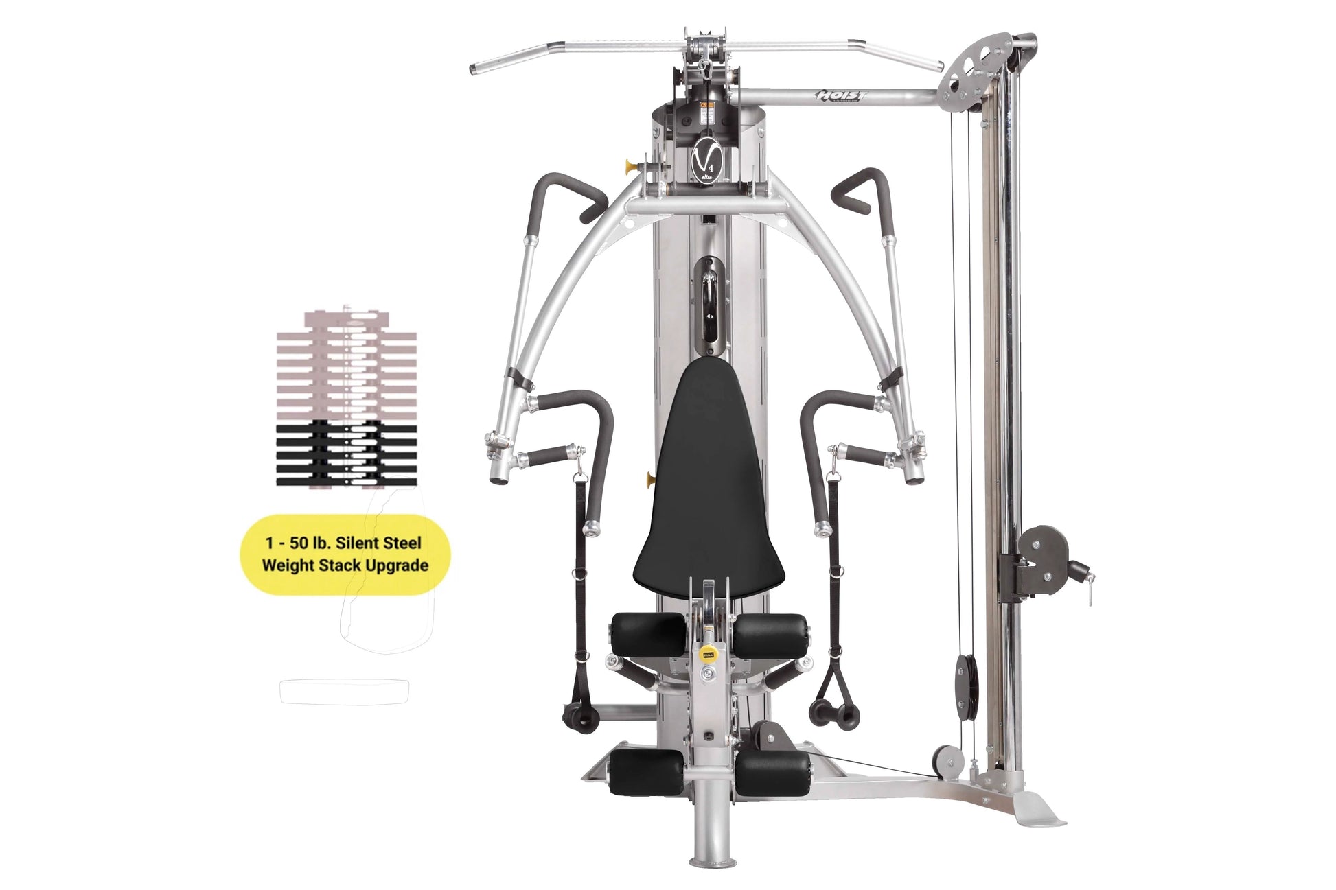 Hoist V4-Elite home gym with silver frame, black seat and handles, dual cable stations, and weight stack upgrade displayed on