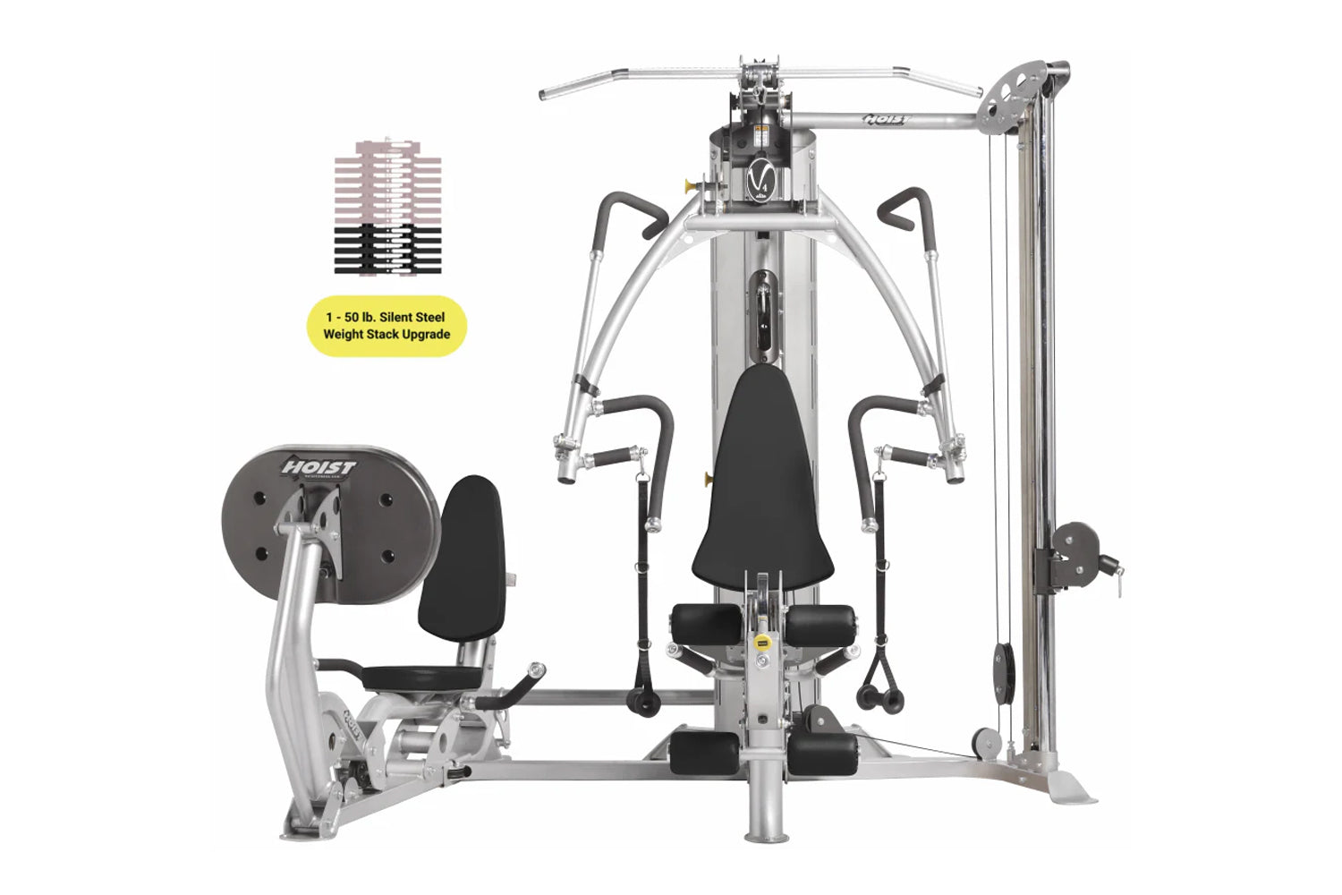Hoist V4-Elite multi-station home gym with silver frame, black seats and handles, weight stack shown left, on white backgroun
