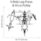 V-Ride Leg Press and Hi-Lo Pulley home gym equipment diagram with dimensions shown in black line drawing on white background