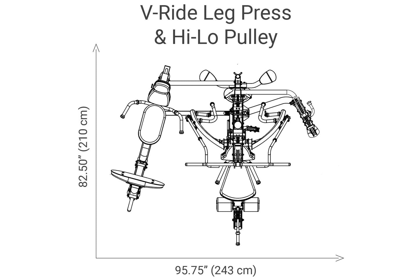 V-Ride Leg Press and Hi-Lo Pulley home gym equipment diagram with dimensions shown in black line drawing on white background