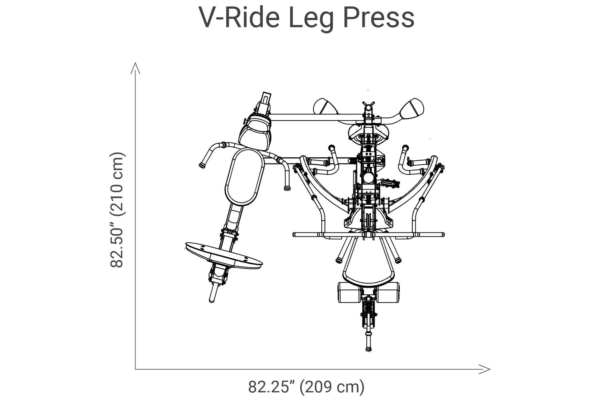 V-Ride Leg Press machine technical diagram showing overhead view with dimensions 82.25 inches wide by 82.50 inches tall