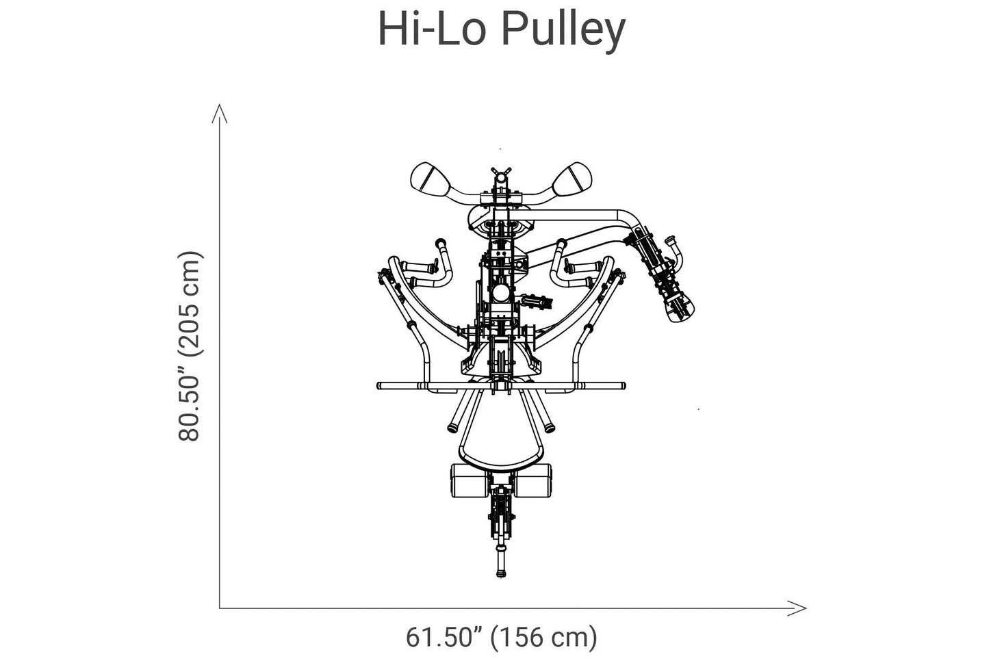 Hi-Lo Pulley overhead exercise machine technical schematic with dimensions, shown top-down view on white background