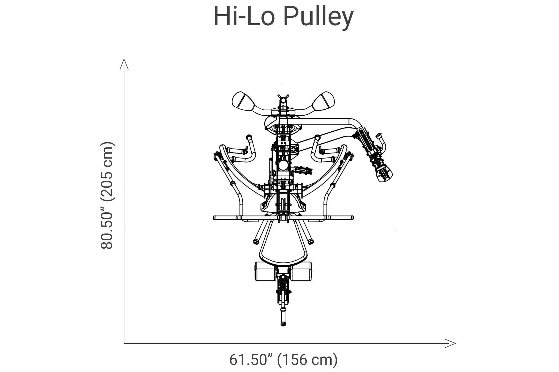 Hi-Lo Pulley overhead exercise machine technical schematic with dimensions, shown top-down view on white background