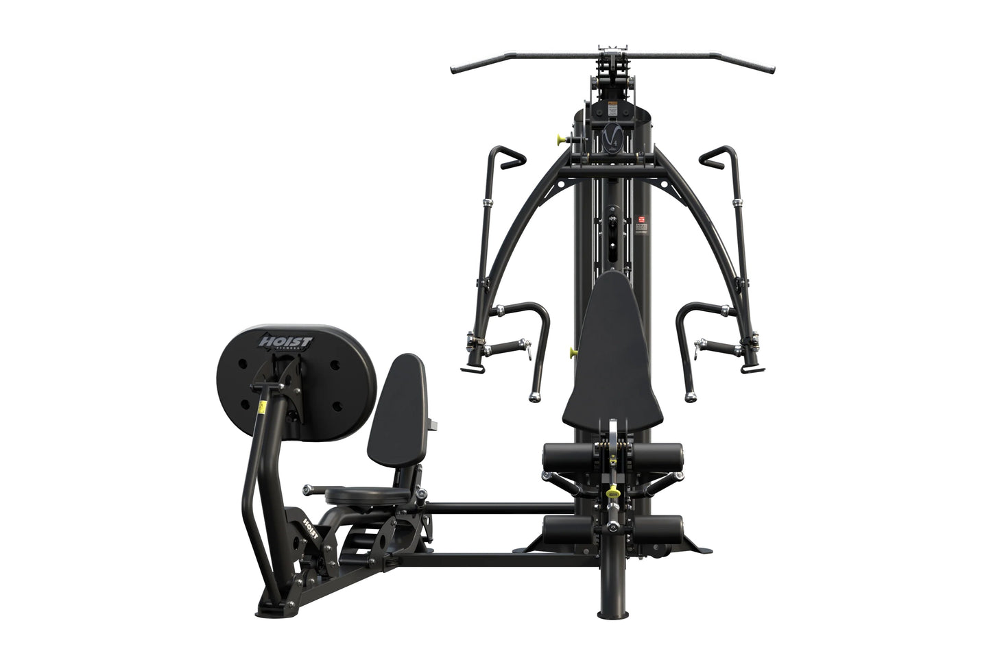 Black Hoist V4-Elite home gym with dual exercise stations, featuring leg press on left and chest press on right, against whit