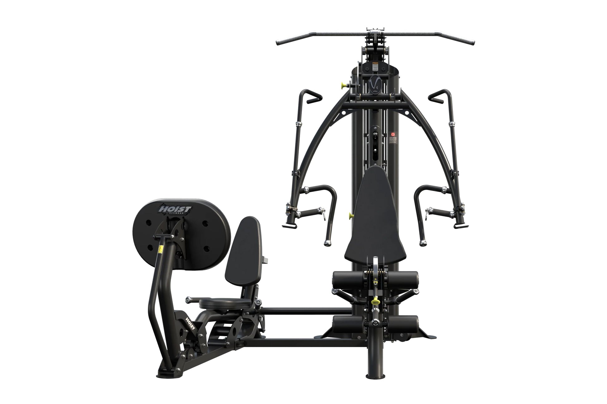 Black Hoist V4-Elite home gym with dual exercise stations, featuring leg press on left and chest press on right, against whit