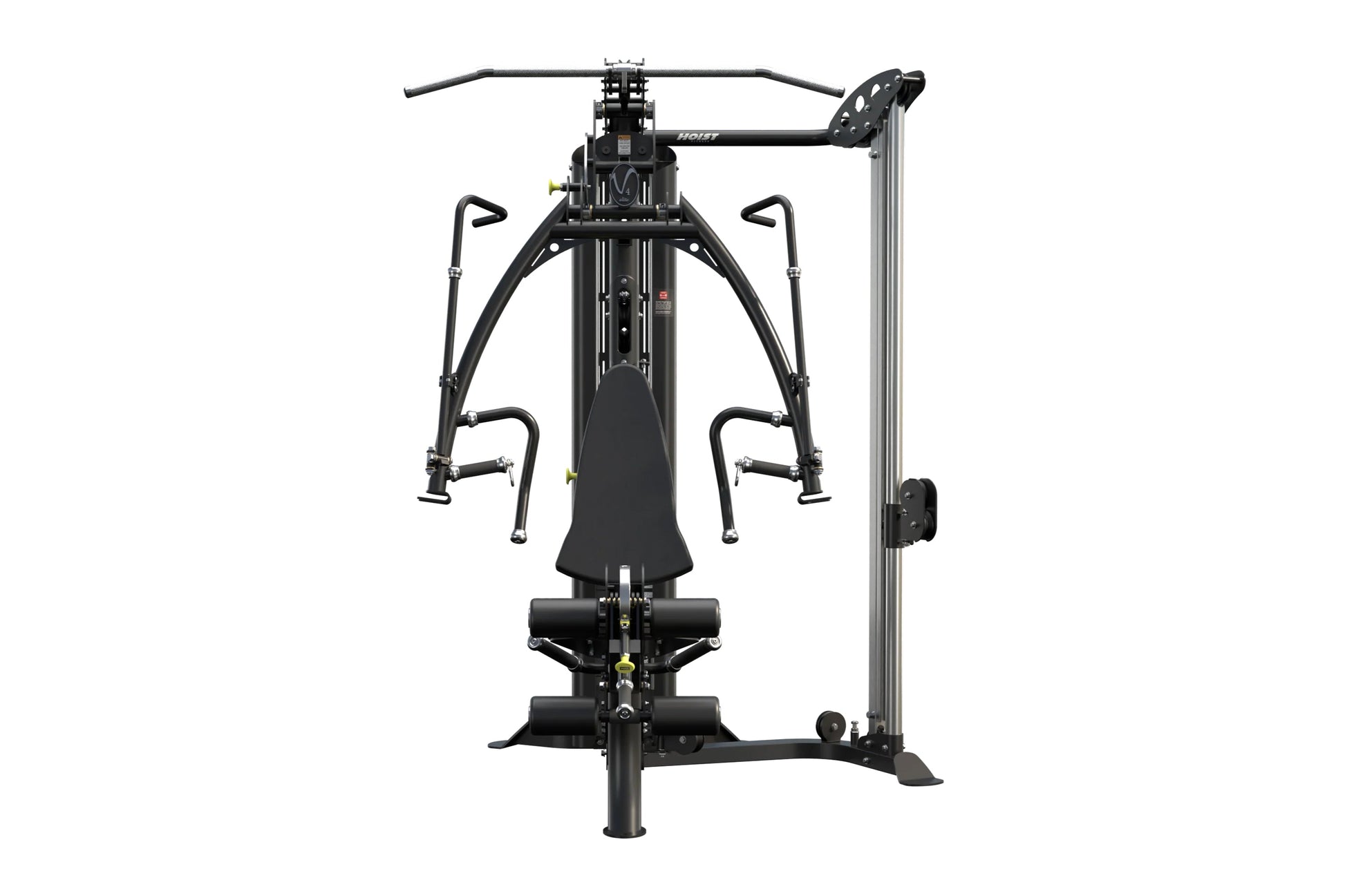 Black and gray Hoist V4-Elite home gym with cable machine, multiple weight stacks, and adjustable handles on white background