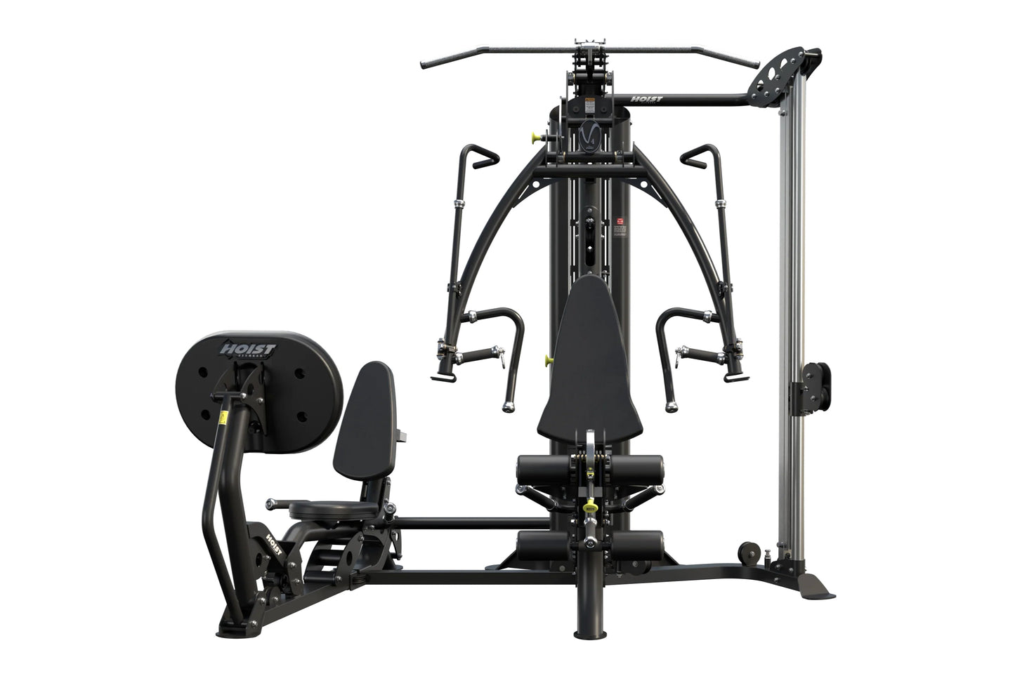 Hoist V4-Elite black multi-station home gym with leg press, chest press, and lat pulldown machines on white background