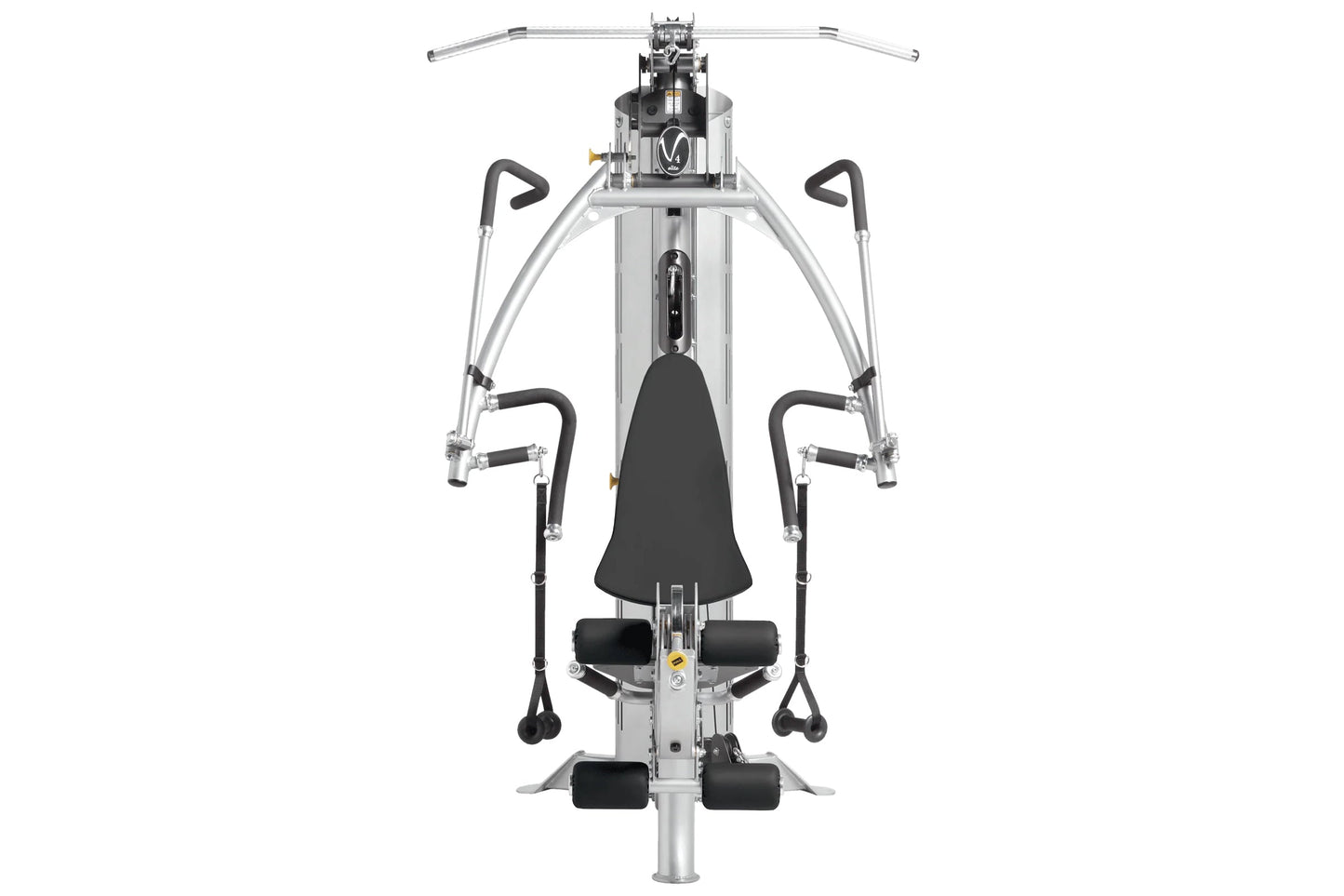 Hoist V4-Elite home gym with silver frame, black seat and handles, dual cable arms, and foot pedals, overhead view on white b